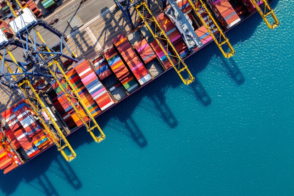 Aerial view of container vessel line
